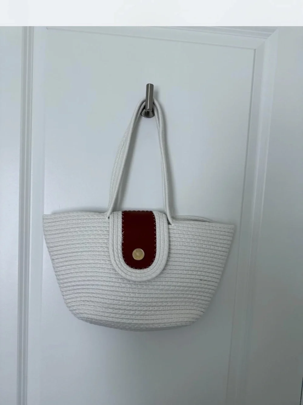 White Woven Tote Bag with Red Accent
